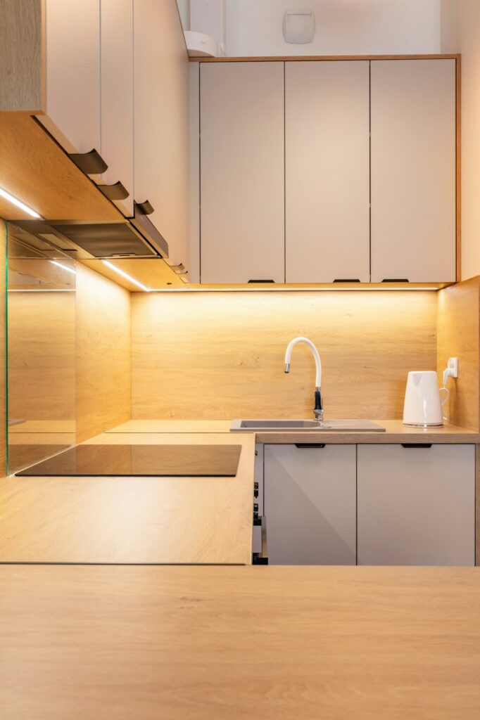 Minimalist kitchen interior with wood finish and modern amenities