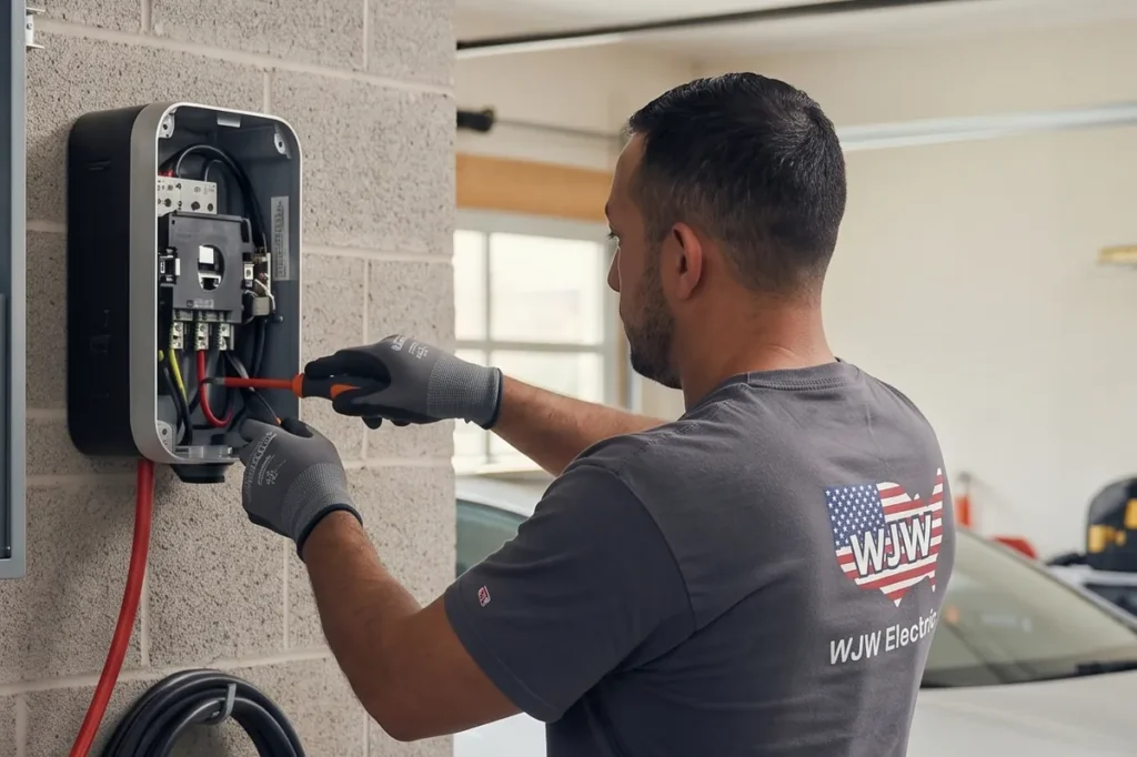 WJW Electric technician wiring a 240-volt Level 2 EV charger in a home garage