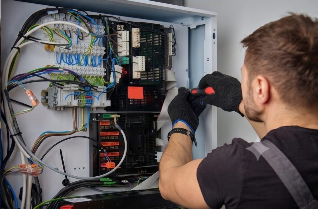 Technician in gloves repairing an open electrical control panel with many wires and circuit boards.