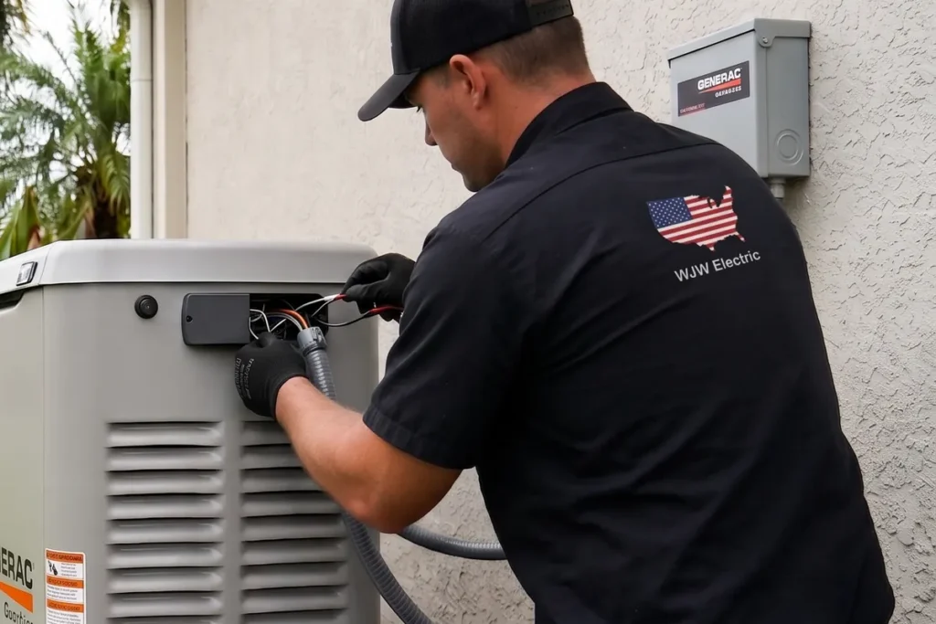 WJW Electric technician wiring a whole-home standby generator and transfer switch outside a house