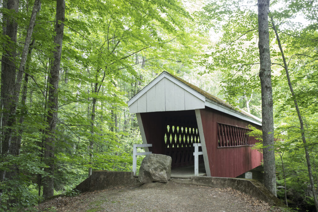 Red wooden covered bridge tucked among dense green trees in a forest setting. Moss on the roof, pathway leading under the arch.