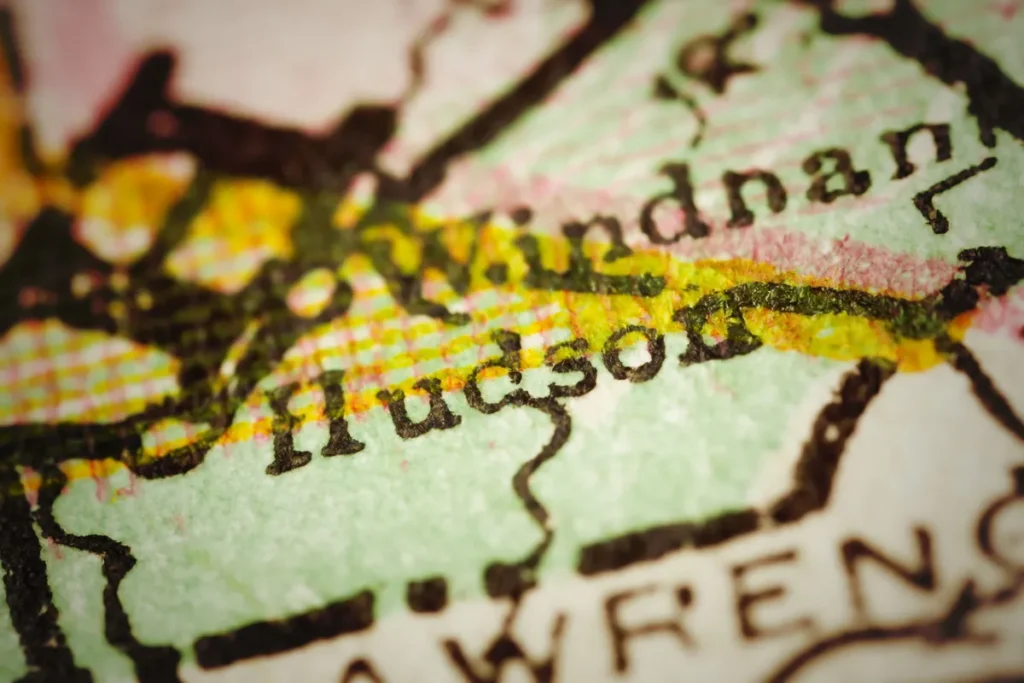 Close-up of a printed map showing Hudson, New Hampshire